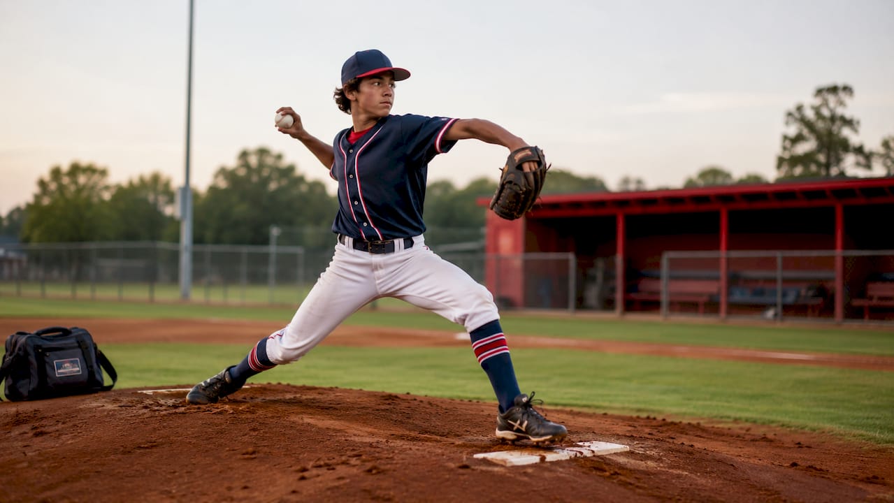 Teen pitcher throwing baseball on outdoor field