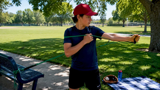 Young baseball pitcher doing band rotator cuff exercise
