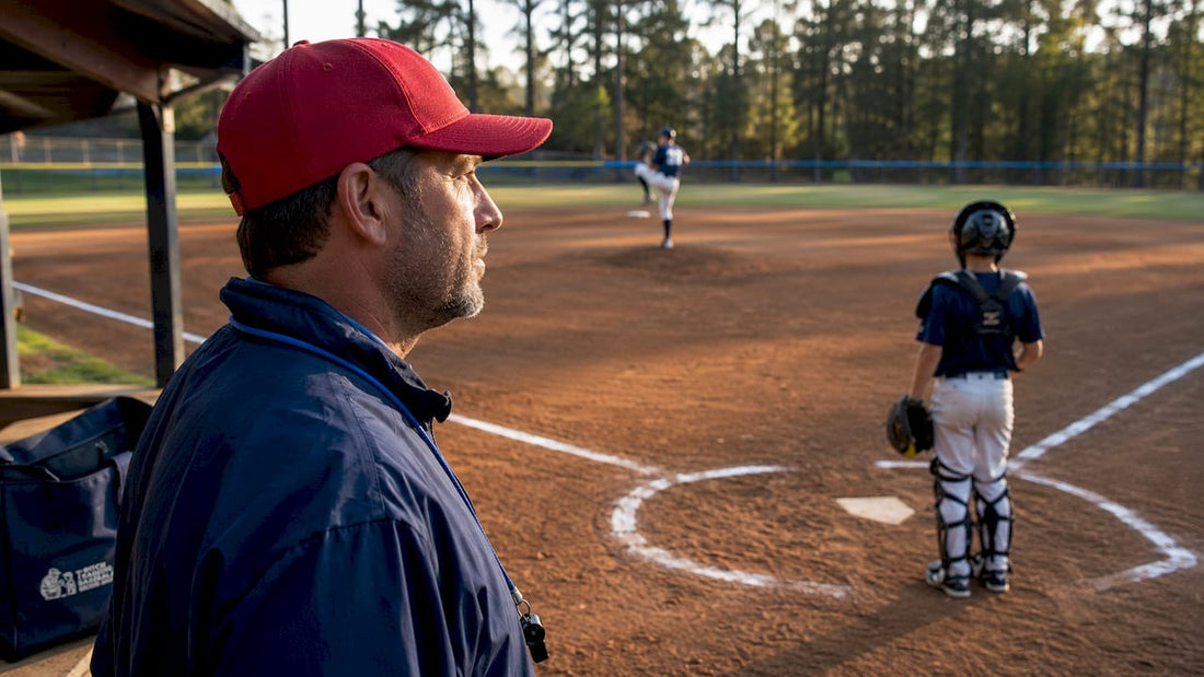 Youth baseball coach observing pitcher on field