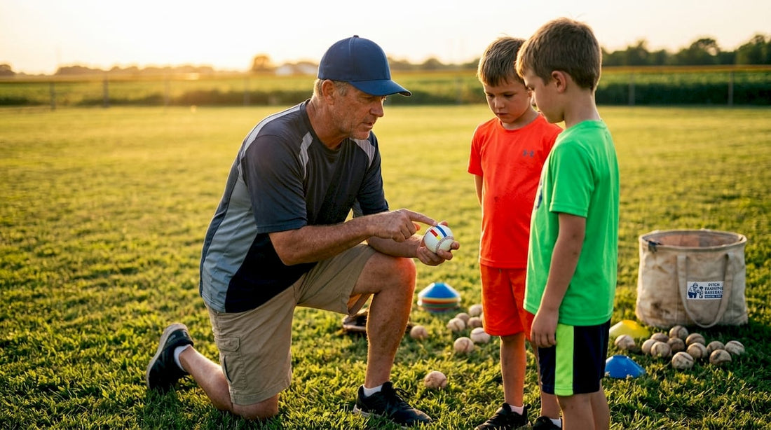 Coach demonstrating youth baseball training ball grips