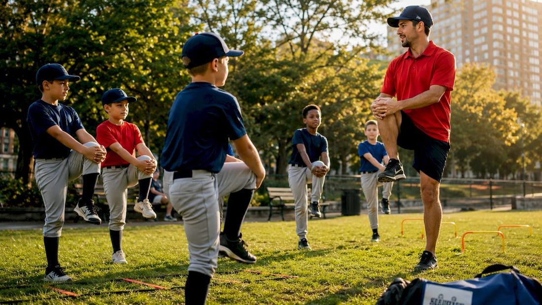 Youth baseball coach demonstrating training aids outdoors