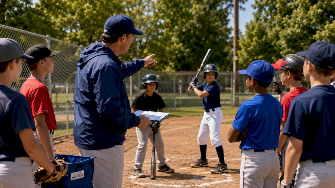 Youth baseball coach instructing players at practice