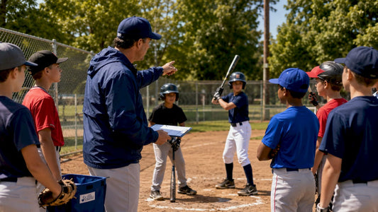 Youth baseball coach instructing players at practice