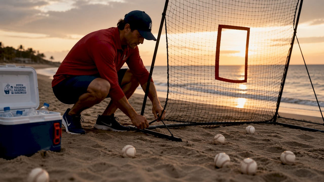Youth baseball coach setting up pitching training equipment outdoors