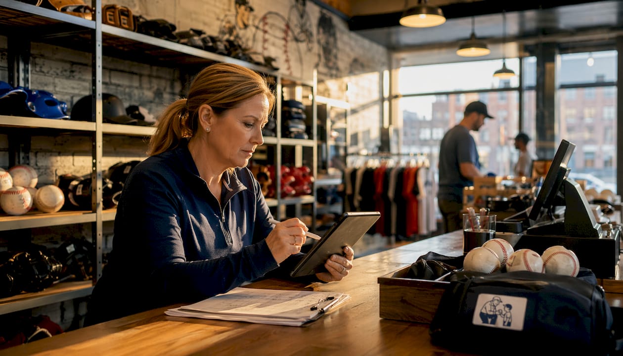 Retail manager reviewing baseball store inventory