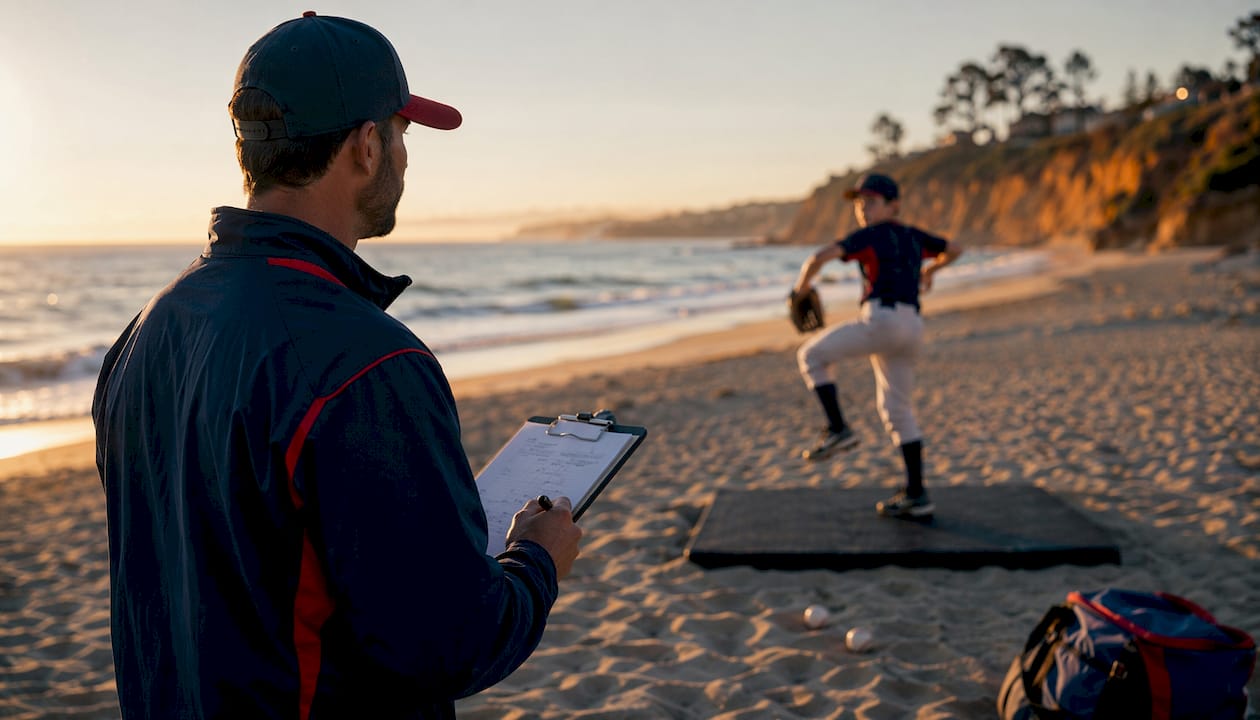 Coach watching youth baseball player pitching