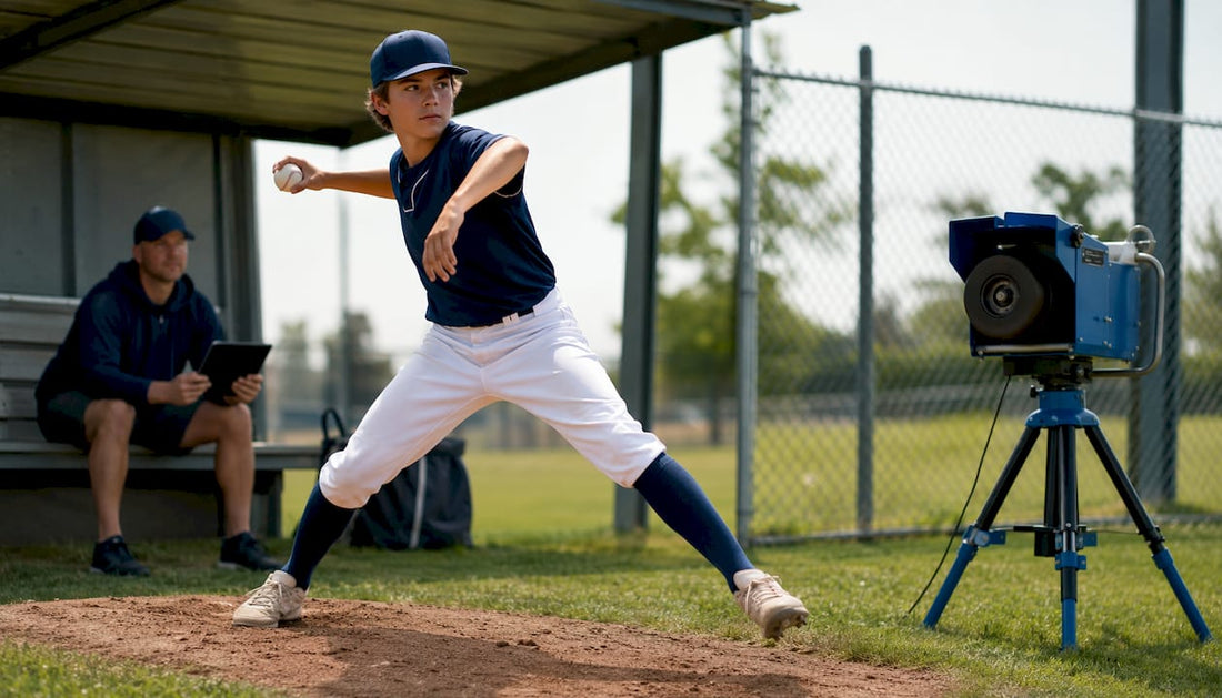 Teen pitcher using training machine on mound