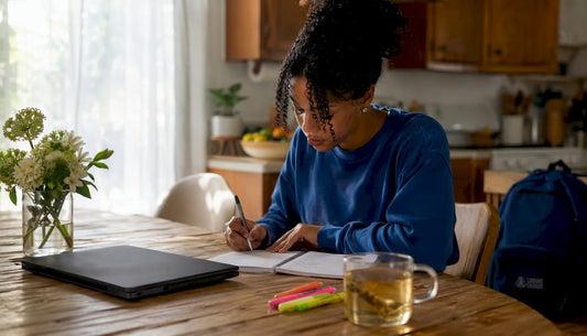 Woman studying skill development at home desk