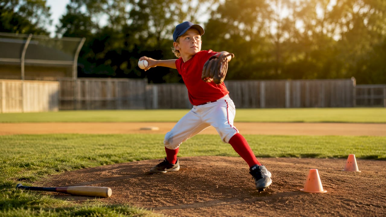 Young baseball pitcher practicing delivery outdoors