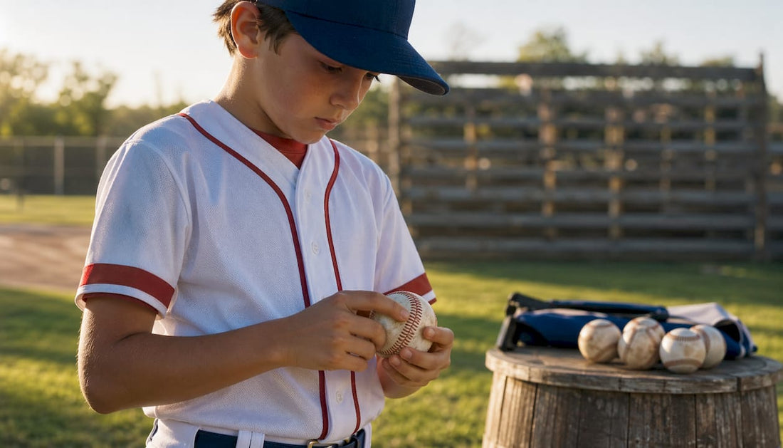 Young baseball player practicing curveball grip