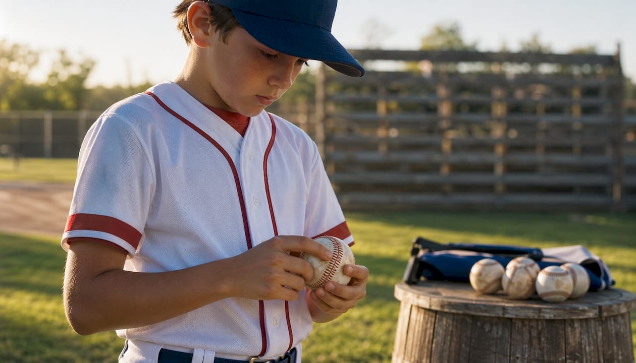 Young baseball player practicing curveball grip