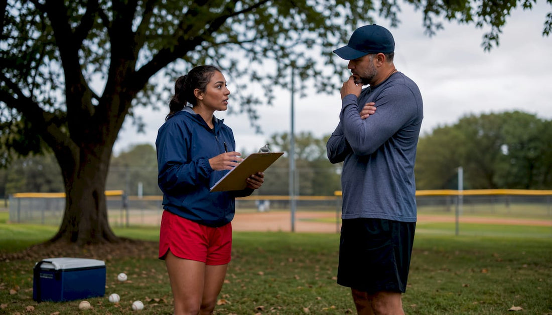 Coach and parent discussing youth baseball safety outdoors