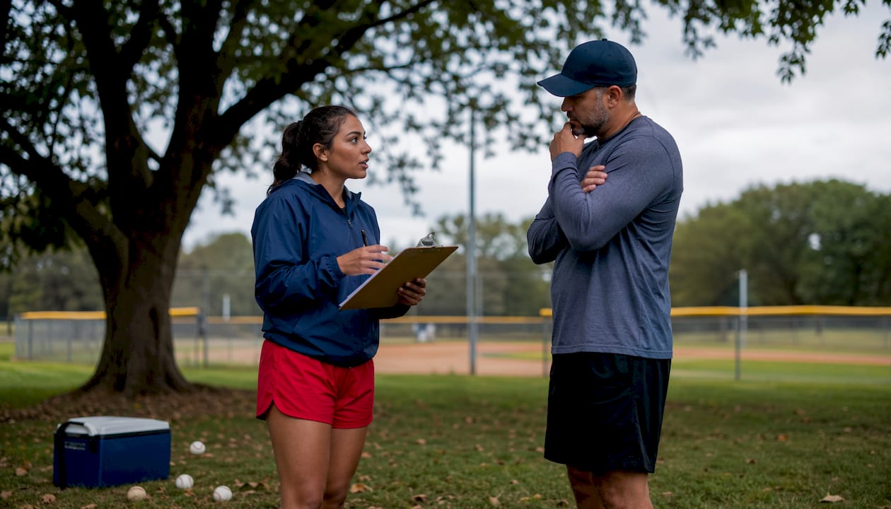 Coach and parent discussing youth baseball safety outdoors