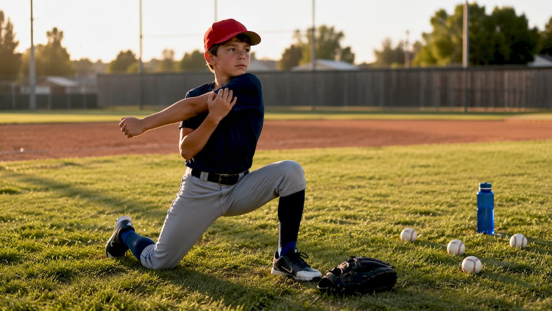 Youth baseball pitcher doing warm-up stretches outdoors