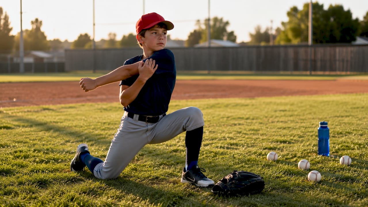 Youth baseball pitcher doing warm-up stretches outdoors