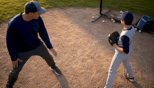 Youth pitcher practicing stance with coach outdoors