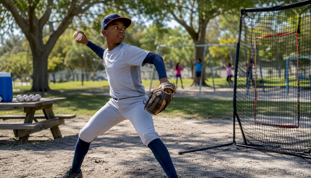 Youth pitcher practicing with portable net outdoors