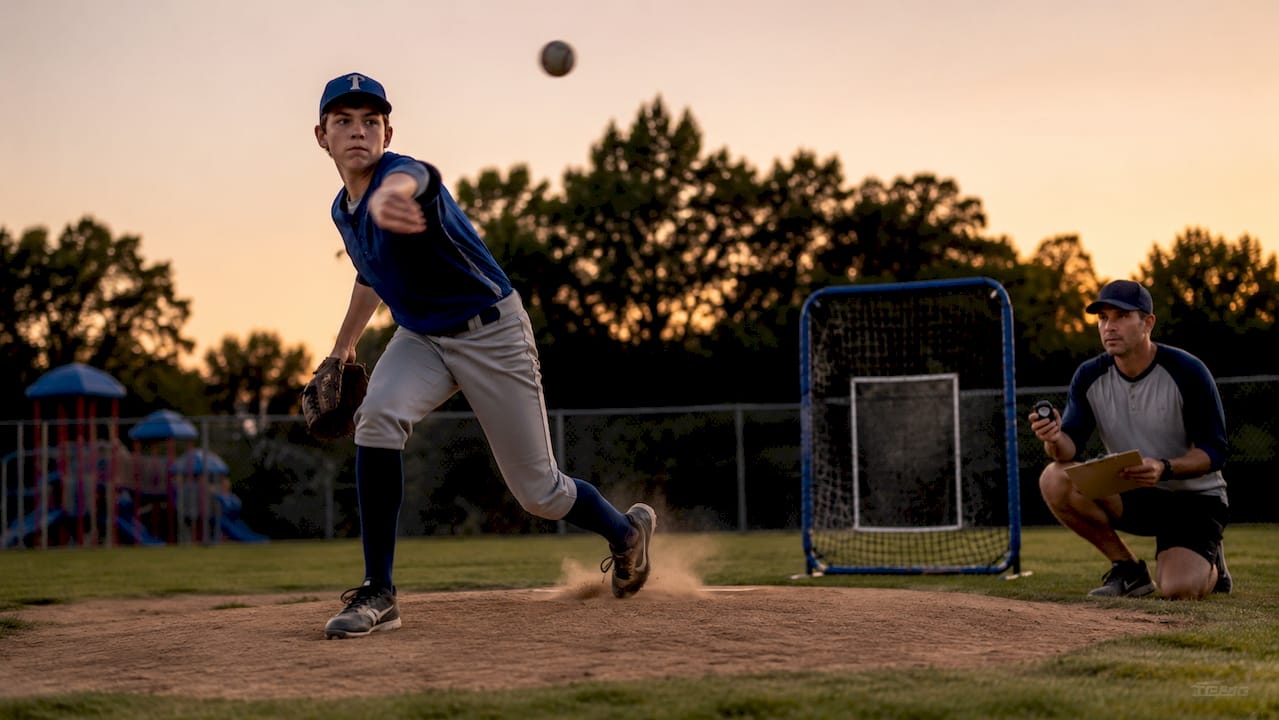 Teen pitcher practicing with strike-zone net outdoors