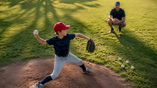 Young pitcher throwing on baseball mound outdoors
