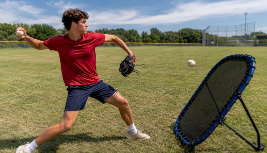 Baseball pitcher using rebounder outdoors
