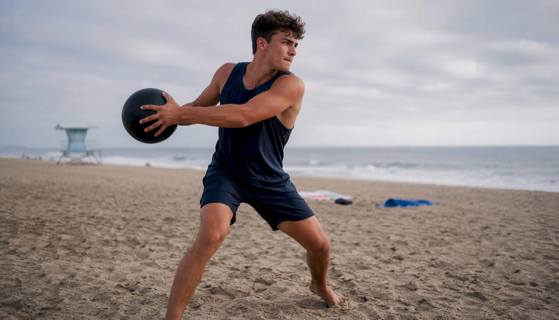 Young pitcher performing medicine ball rotational throw