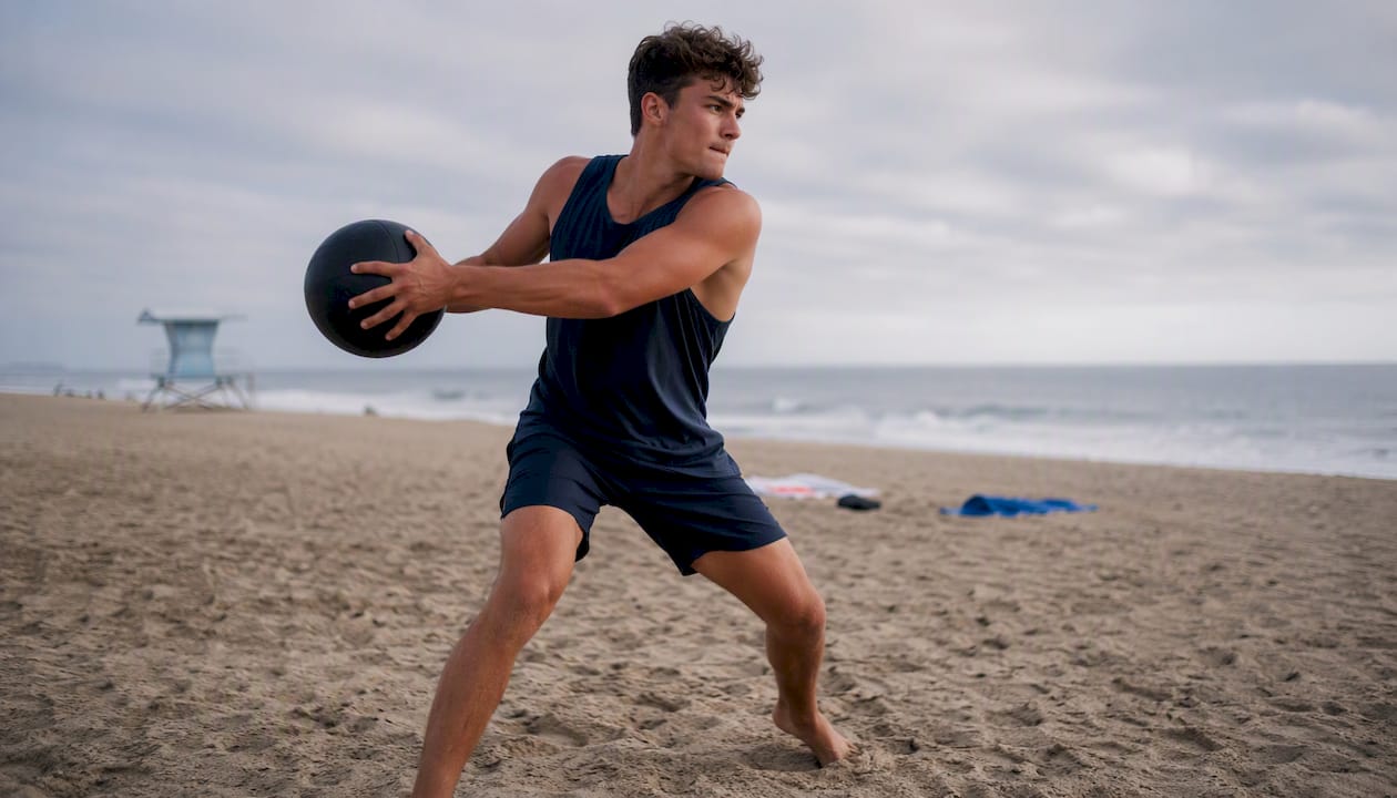 Young pitcher performing medicine ball rotational throw