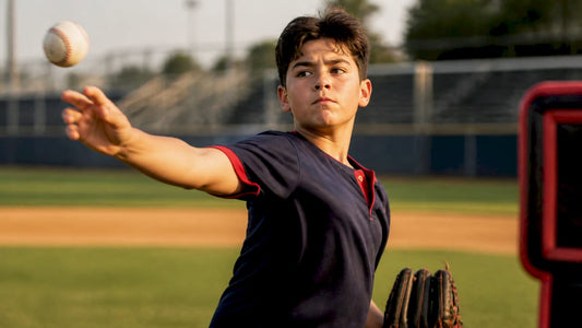 Youth baseball player throwing ball outdoors