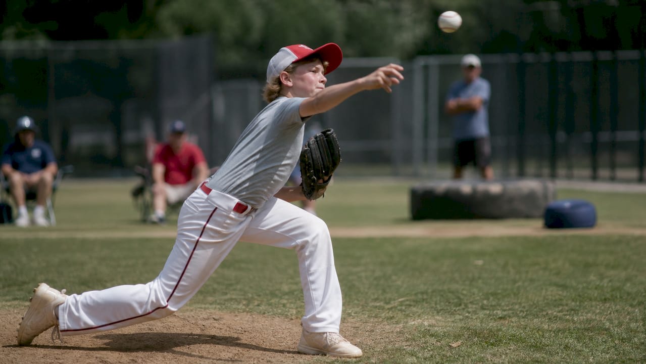 Youth pitcher throwing fastball on field