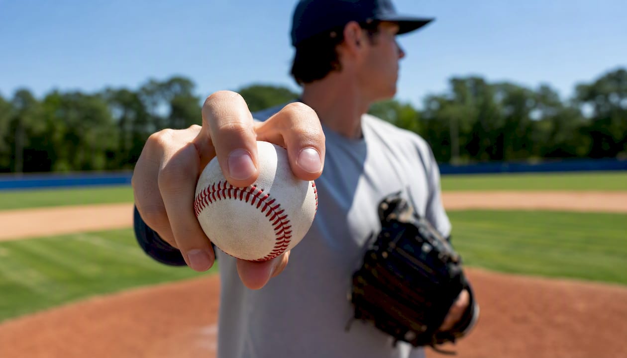 Youth pitcher gripping four-seam fastball