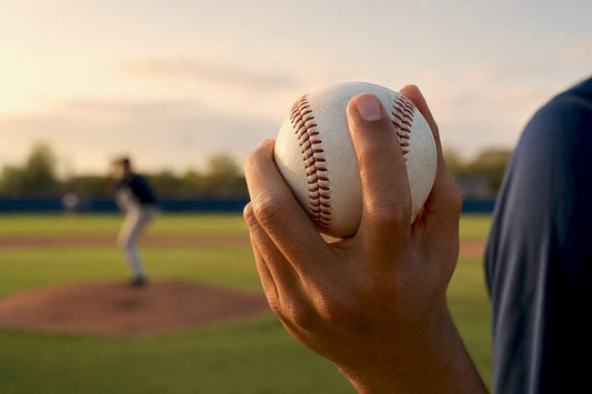 Youth baseball pitcher gripping slider pitch
