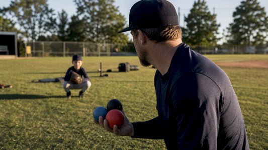 Coach holding weighted throwing balls outdoors