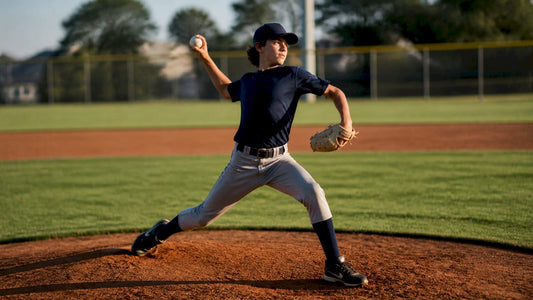 Youth baseball pitcher mid-throw side view