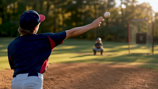 Youth pitcher releasing ball on field side view