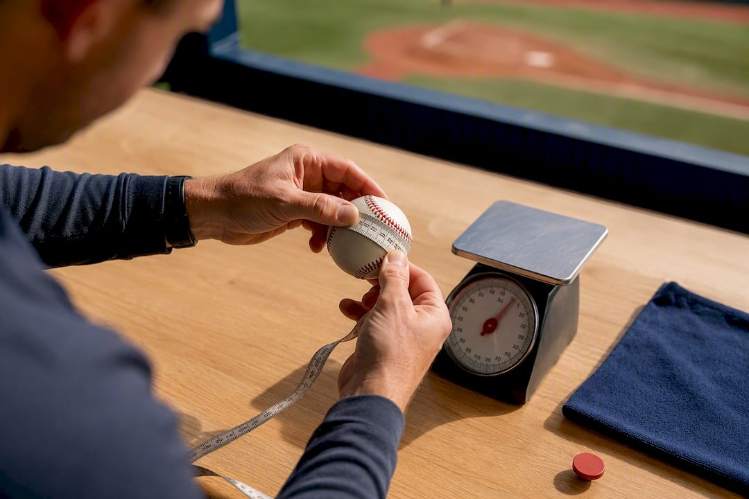 Coach measuring baseball circumference and weight