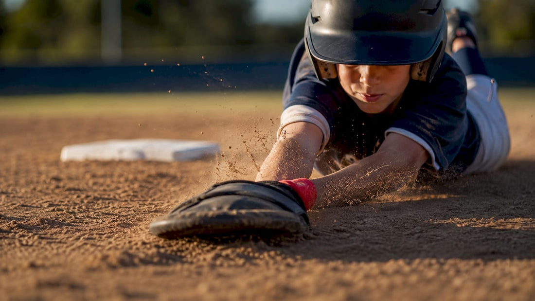 Youth baserunner protecting hand during slide