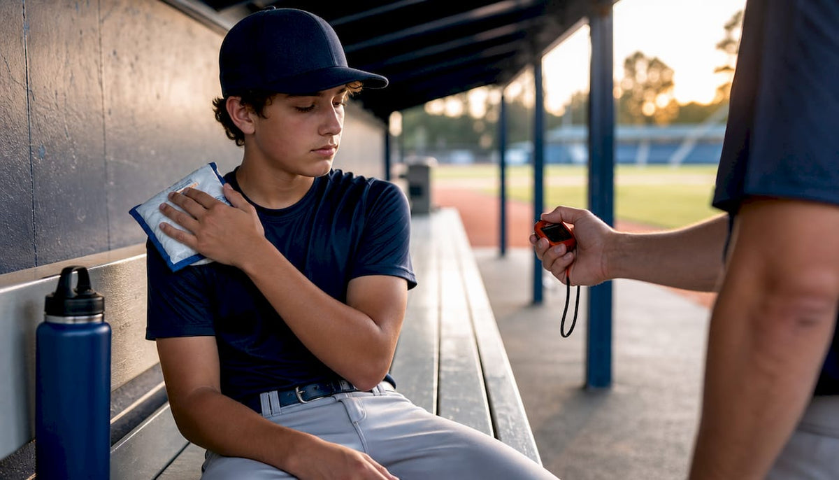 Youth pitcher using cooling pack after throwing