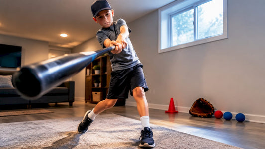 Youth baseball player practicing indoors