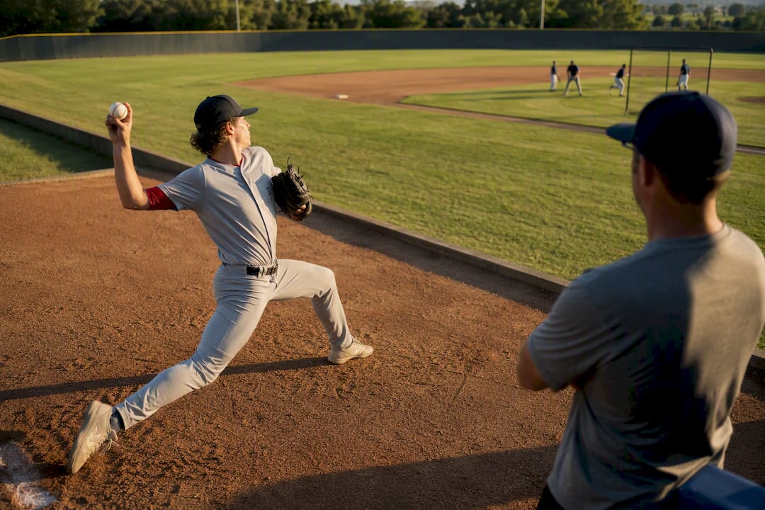 Youth pitcher practicing under coach supervision