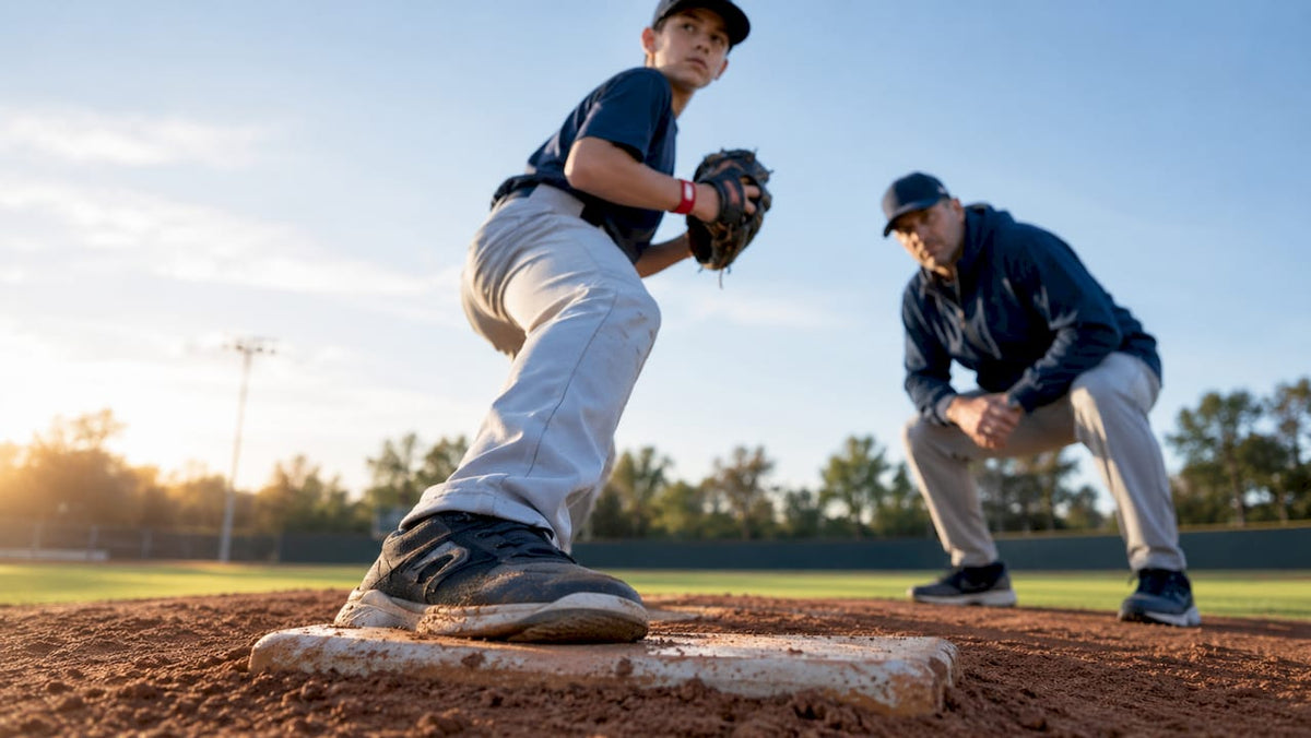 Coach evaluating youth pitcher foot alignment