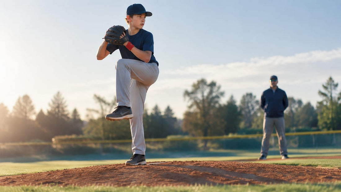Youth pitcher practicing controlled delivery