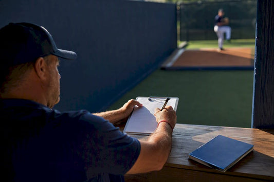 Coach evaluating youth pitcher during tryout