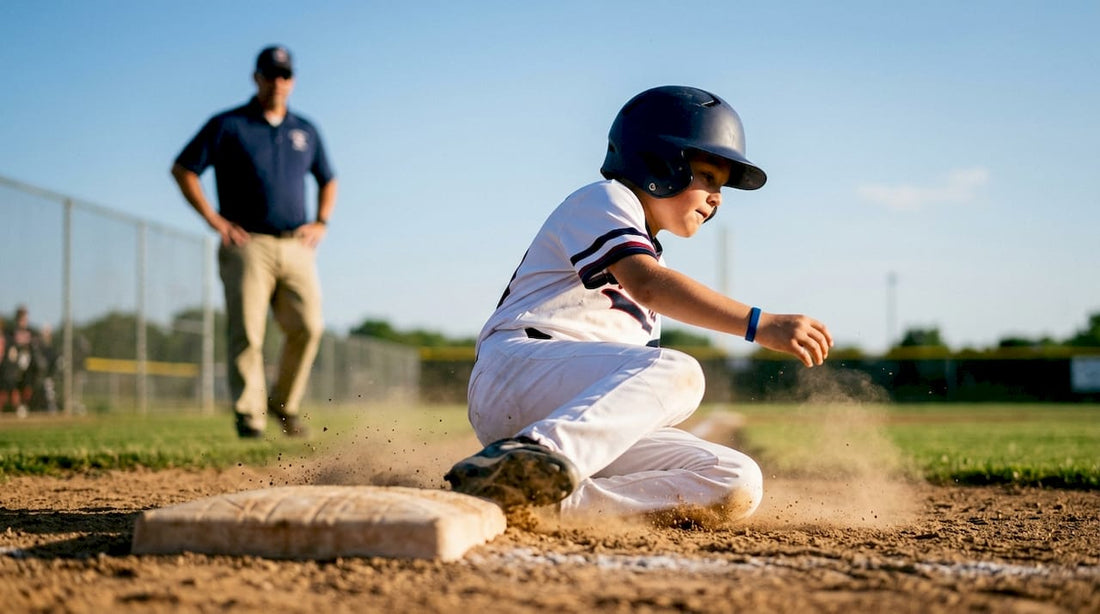 Youth player practicing a feet-first baseball slide