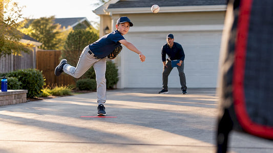Youth pitcher practicing in compact driveway lane