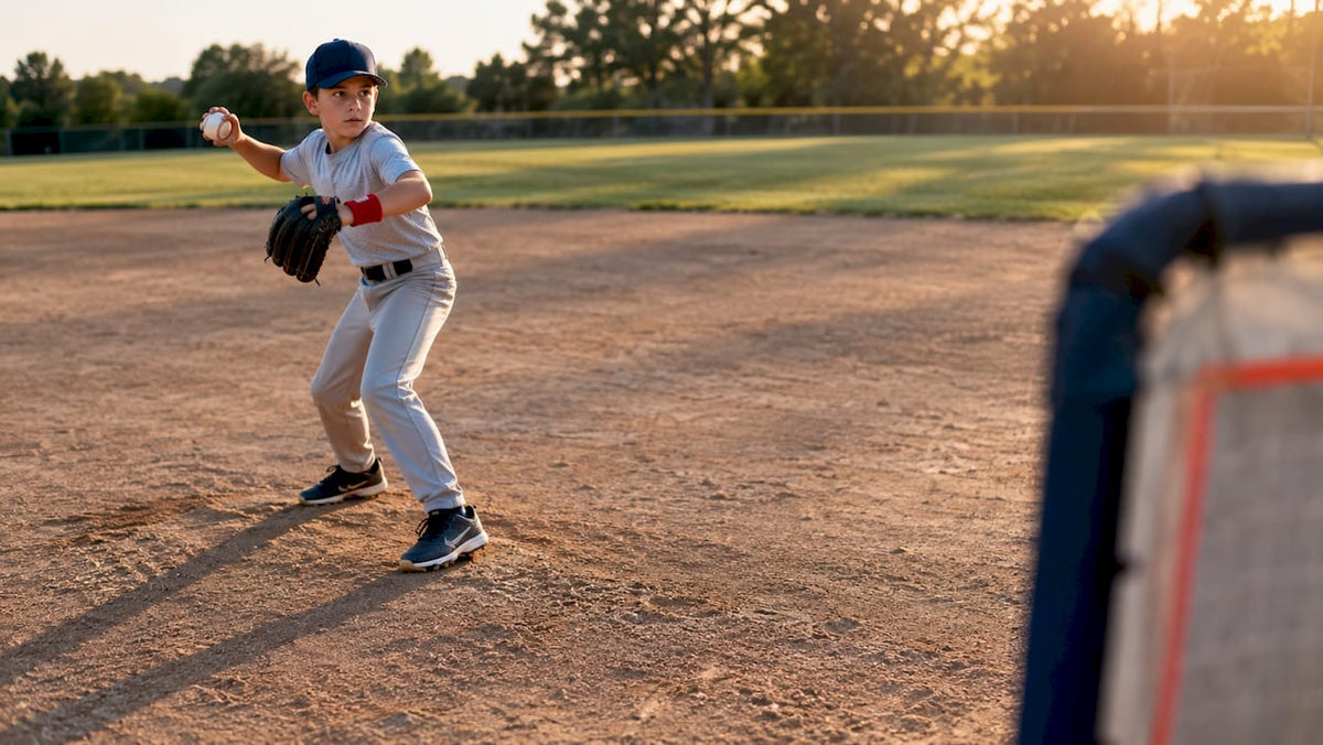 Young pitcher aiming at practice target