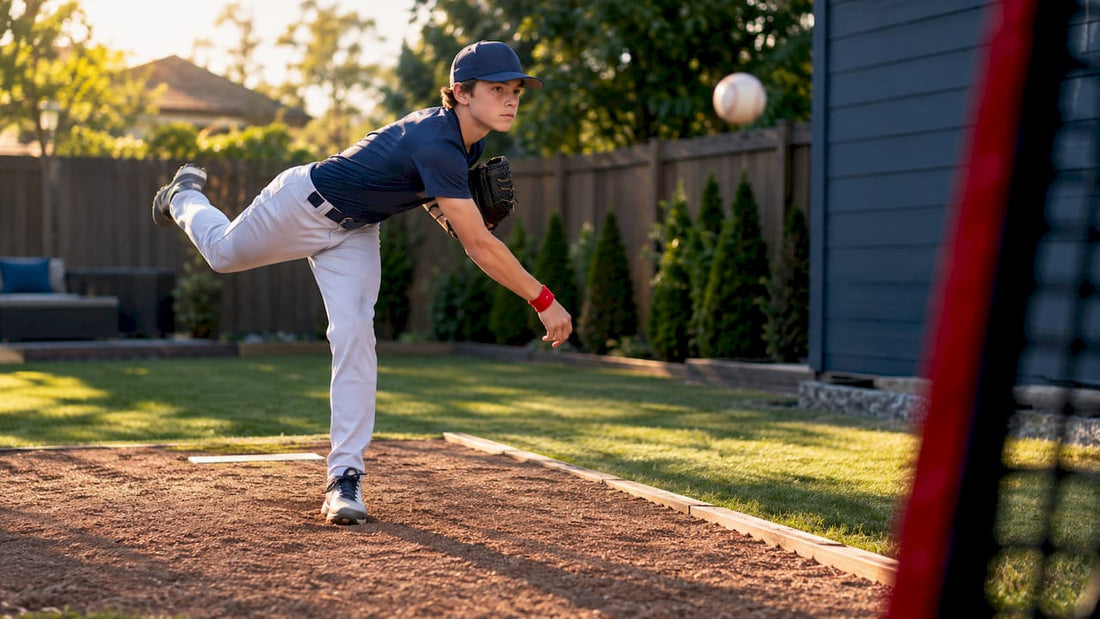 Youth pitcher practicing in backyard bullpen