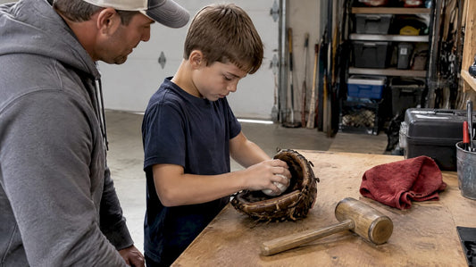 Youth player shaping a baseball glove