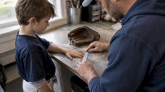 Parent measuring child’s hand beside baseball glove