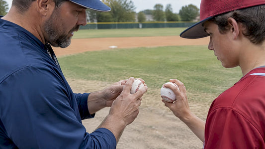 Coach and young pitcher compare baseball grips