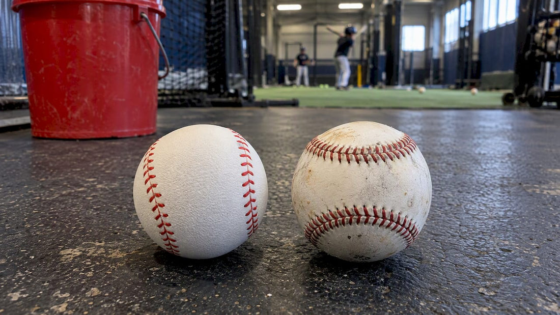 Soft training ball beside regulation leather baseball