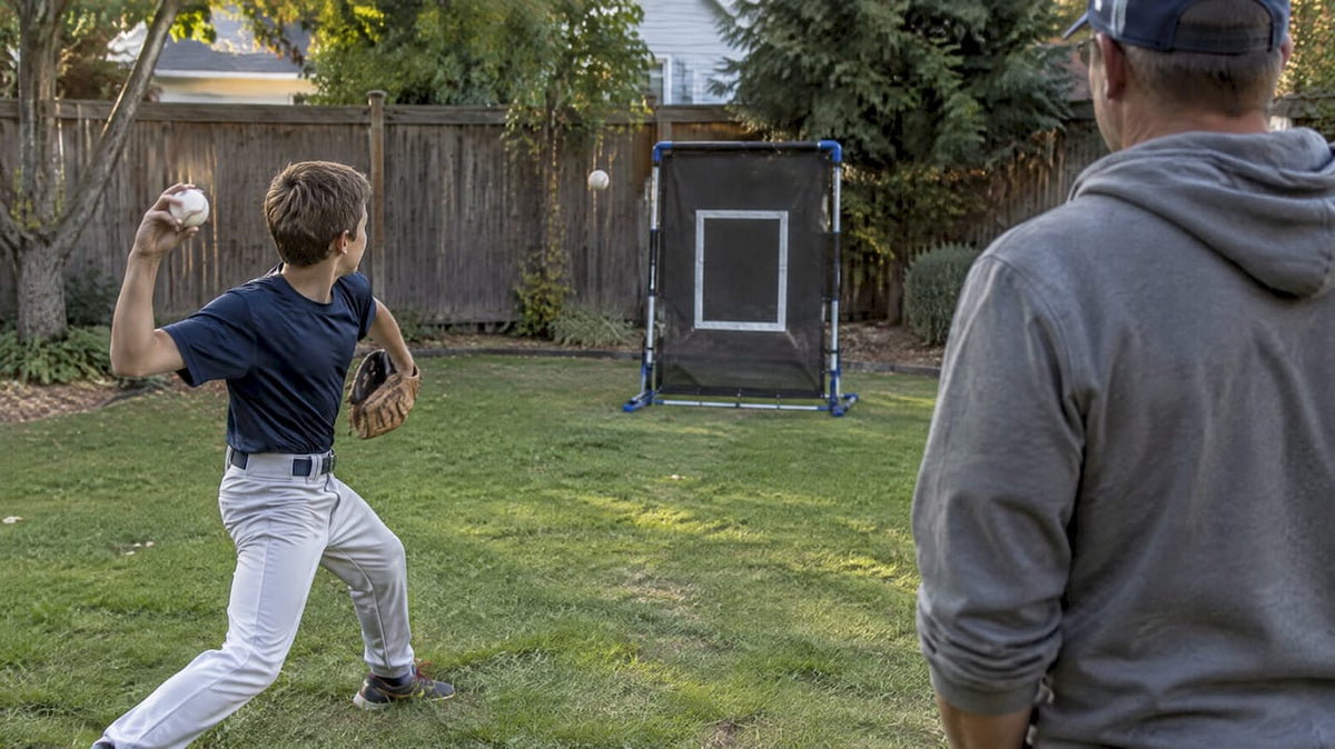 Young pitcher practicing at a backyard strike zone